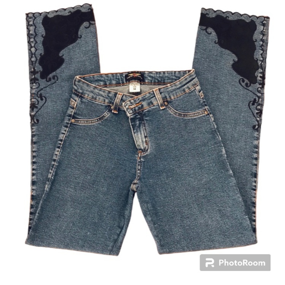 Y2K Virgin Only Jeans Medium VO Retro Boho 90’s Blue Denim Bootcut Embellished